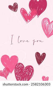 Raw pencil sketch illustration for Valentine's Day with hand drawn doodle hearts and handwritten confession. Perfect for intimate greeting cards, poster, label, social media posts