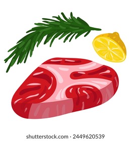 La carne cruda con romero y limón, Ilustración vectorial, se puede utilizar para los manuales de cocina, carteles de la carnicería o materiales educativos sobre nutrición. El ingrediente para cocinar. Una pieza aislada