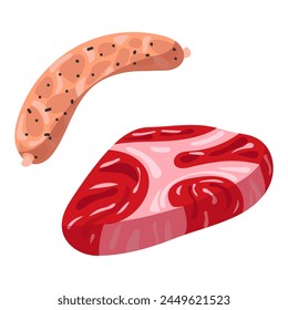 A raw piece of meat and a sausage, vector illustration, can be used for cooking manuals, butcher shop signs or educational materials on nutrition. The ingredient for cooking. An isolated piece