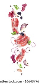 Raw pork bacon flies with red onion, purple basil, pink lettuce, parsley, garlic, spices and pepper. Vector 3d dynamic illustration isolated on white background.