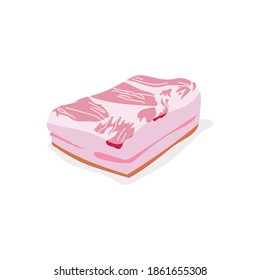 Raw pork belly meat slice. Fresh uncooked nutritious product. Butchery shop, farm market or processing plant design vector illustration isolated on white background