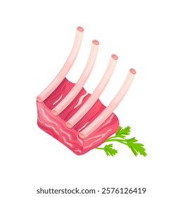 Raw pork ribs in flat design. Deli butcher product for barbecue grill. Vector illustration isolated.