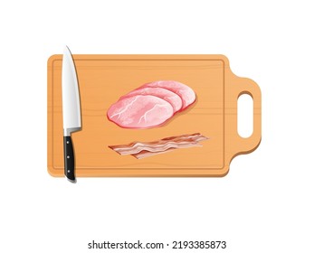 Raw pork slices. chopping board wooden background. Top view