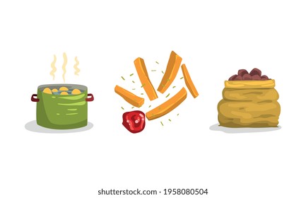 Raw Potato Boiling in Cooking Pot and French Fries Strips with Tomato Sauce as Root Vegetable Food Vector Set