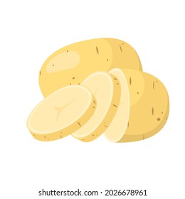 Raw potatoes on a white background. Whole and chopped vegetable.