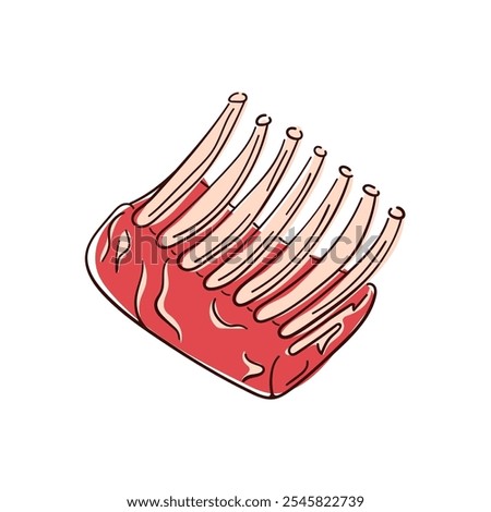 Raw rack of lamb meat with ribs, detailed in red and bone colors in flat style. Perfect for culinary, butcher shop or barbecue related design.