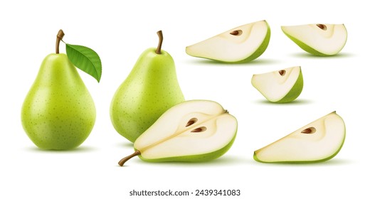 Raw realistic green pear fruit. Ripe whole and half, quarter and slice pear. Isolated 3d vector set of luscious, vibrant and juicy fruit parts, showcasing freshness, succulent texture and smooth skin