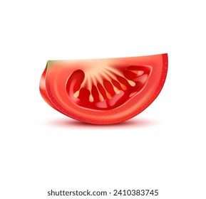 Raw realistic red ripe tomato slice, isolated cherry vegetable. 3d vector fresh plant with juicy interior glistens in the sunlight, tempting with its plumpness and promising a burst of freshness