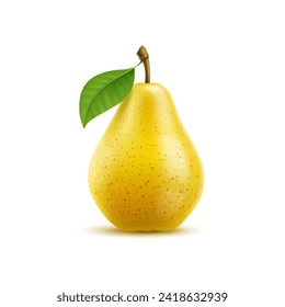 Raw realistic yellow pear fruit. Ripe whole isolated 3d vector plant with green leaf and smooth, golden skin, conceals tender, sweet flesh, succulent juiciness creates a delightful sensory experience