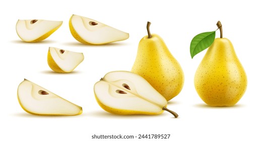 Raw realistic yellow pear fruit. Ripe whole, half, quarter and slice pear. Isolated 3d vector set of succulent fruits, showcasing its vibrant color, juicy texture, and delicious freshness