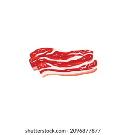 Raw red bacon slices. Uncooked bacon stripes lying in composition, top view. Cartoon realistic vector illustration.