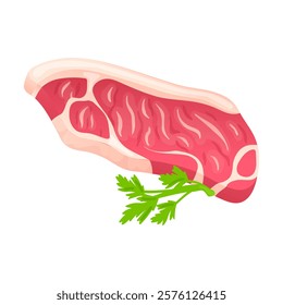 Raw red meat in flat design. Uncooked beef or pork slice, butcher menu. Vector illustration isolated.