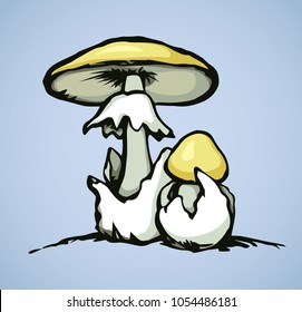 Raw ripe pale yellow mushrooms on light backdrop. Freehand line black ink hand drawn eco object logo pictogram emblem in art retro doodle cartoon style. Close-up front view with space for text