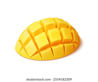 Raw and ripe realistic diced tropical mango fruit. Isolated 3d vector succulent mango slice bursts with natural sweetness. Exotic meal with juicy, golden flesh offers a refreshing taste of paradise