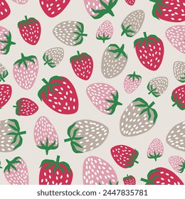 Raw and ripe strawberries pattern. Vector seamless pattern in cartoon style with strawberries. Simple strawberries vector design for fabric, textile, prints, packaging, scrapbooking, wrapping paper.