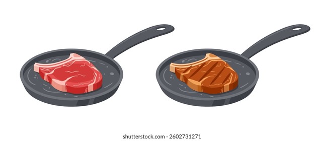 Raw and roasted beef steak. Meat steak on fried pan cooking process, roasted meat semi-finished product flat vector illustration. Cartoon pan-fried steak