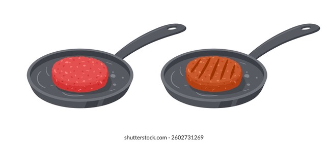 Raw and roasted burger patty. Meat patty on frying pan cooking process, roasted meat semi-finished product flat vector illustration. Cartoon pan-fried burger patty