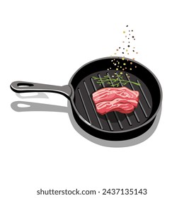 Raw and roasted meat steak on fried pan. Cartoon pork and beef steaks cooking process