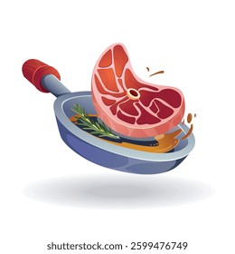 Raw and roasted meat steak on fried pan. Cartoon pork or beef steaks cooking process, roasted or grilled meat semi-finished products flat vector illustration set isolated on white background