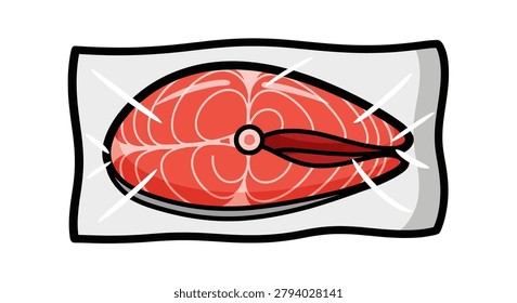 Raw salmon fillet on white plate