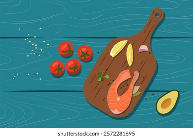 Raw salmon fillet with peppercorns, tomatoes, avocado and lemon on wooden cutting board.
Salmon fillet seasoned with spices, showcased on a wooden board, reflecting freshness 
and culinary craftsmansh