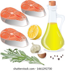 Raw salmon fillets with herbs on white background. Vector illustration.