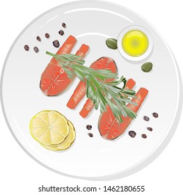 Raw salmon fillets with herbs on the plate. White background. Vector illustration.