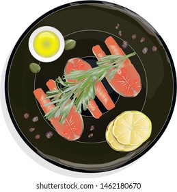 Raw salmon fillets with herbs on the plate. White background. Vector illustration.