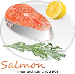 Raw salmon fillets with herbs on the plate. White background. Vector illustration.