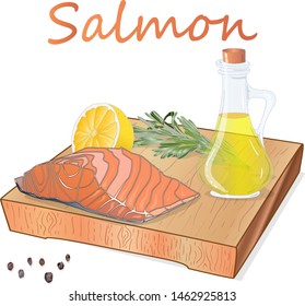 Raw salmon fillets with herbs on wooden desk. White background. Vector illustration.