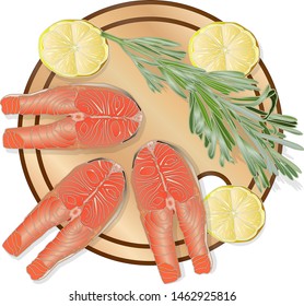 Raw salmon fillets with herbs on wooden desk. White background. Vector illustration.