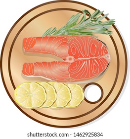 Raw salmon fillets with herbs on wooden desk. White background. Vector illustration.