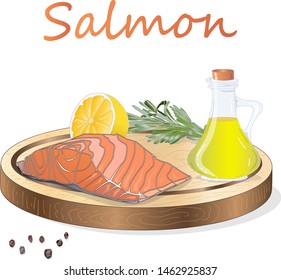 Raw salmon fillets with herbs on wooden desk. White background. Vector illustration.