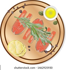 Raw salmon fillets with herbs on wooden desk. White background. Vector illustration.