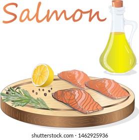Raw salmon fillets with herbs on wooden desk. White background. Vector illustration.