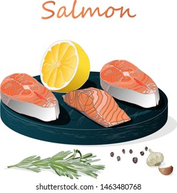 Raw salmon fillets with herbs on wooden desk. White background. Vector illustration.