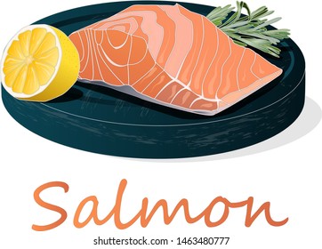 Raw salmon fillets with herbs on wooden desk. White background. Vector illustration.