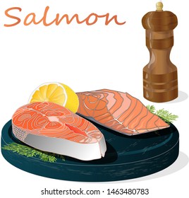 Raw salmon fillets with herbs on wooden desk. White background. Vector illustration.