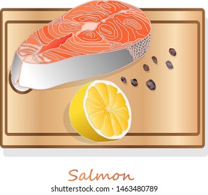 Raw salmon fillets with herbs on wooden desk. White background. Vector illustration.