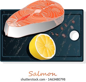 Raw salmon fillets with herbs on wooden desk. White background. Vector illustration.