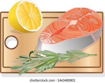 Raw salmon fillets with herbs on wooden desk. White background. Vector illustration.
