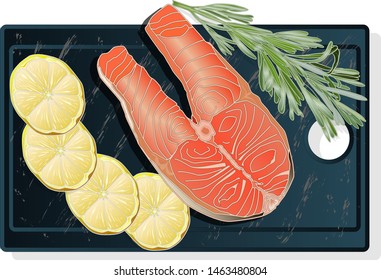 Raw salmon fillets with herbs on wooden desk. White background. Vector illustration.