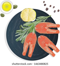 Raw salmon fillets with herbs on wooden desk. White background. Vector illustration.