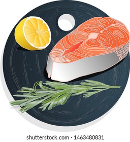 Raw salmon fillets with herbs on wooden desk. White background. Vector illustration.
