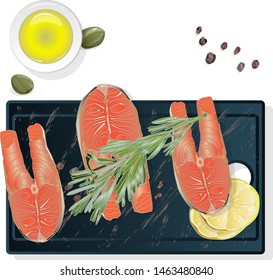 Raw salmon fillets with herbs on wooden desk. White background. Vector illustration.