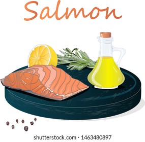 Raw salmon fillets with herbs on wooden desk. White background. Vector illustration.