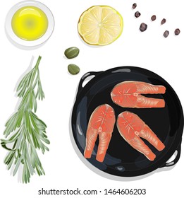 Raw salmon fillets on the pan with herbs. White background. Vector illustration, separated layers.