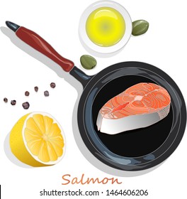 Raw salmon fillets on the pan with herbs. White background. Vector illustration, separated layers.