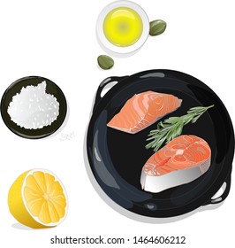 Raw salmon fillets on the pan with herbs. White background. Vector illustration, separated layers.