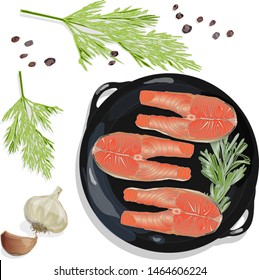 Raw salmon fillets on the pan with herbs. White background. Vector illustration, separated layers.